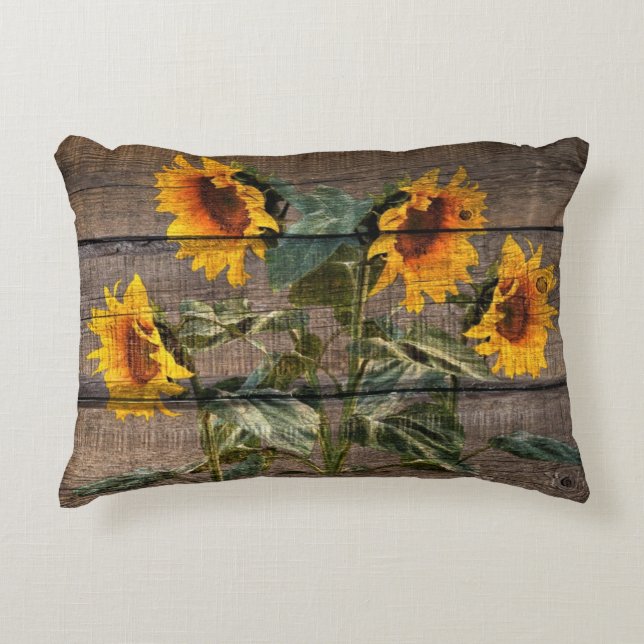 Rustic Barn Wood Sunflower Accent Pillow (Front)