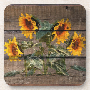 Rustic Barn Wood Sunflower Beverage Coaster