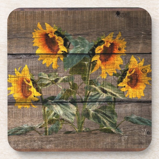 Rustic Barn Wood Sunflower Beverage Coaster (Front)