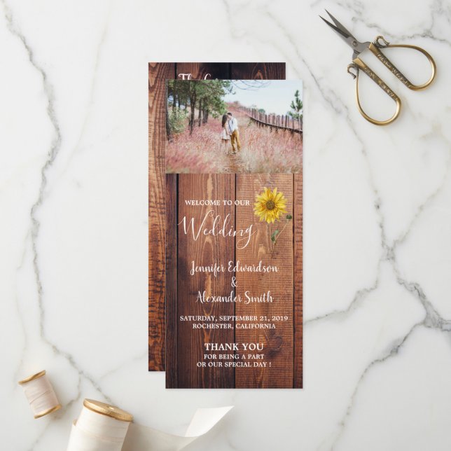 Rustic barn wood sunflower country wedding program (Front/Back In Situ)