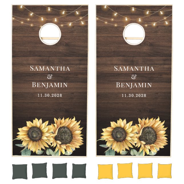 Rustic Barn Wood Sunflower Eucalyptus Wedding Cornhole Set (Set)