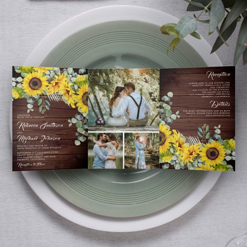 Rustic Barn Wood Sunflower Eucalyptus Wedding Tri_Fold Invitation