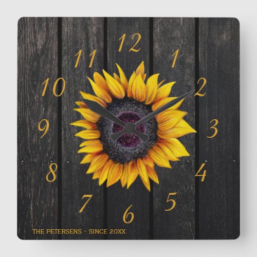 Rustic barn wood sunflower family farmhouse square wall clock