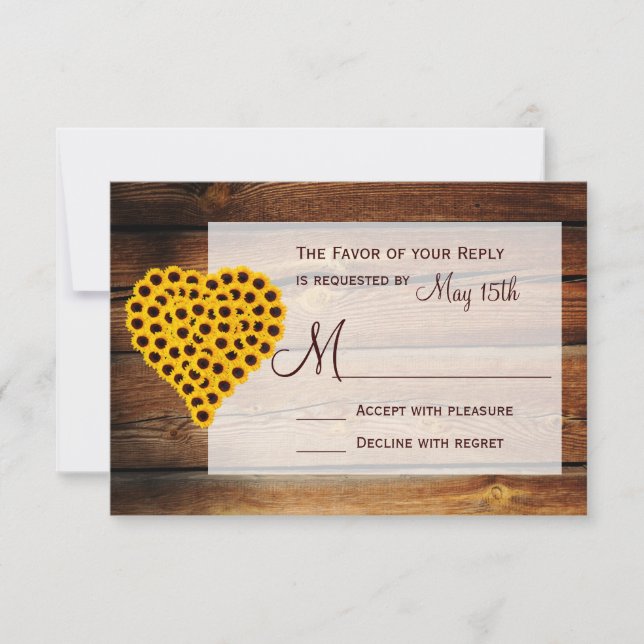 Rustic Barn Wood Sunflower Heart Bouquet Wedding RSVP Card (Front)