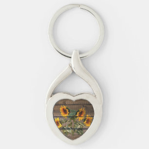 Rustic Barn Wood Sunflower Keychain