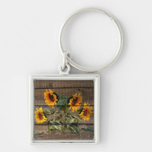 Rustic Barn Wood Sunflower Keychain