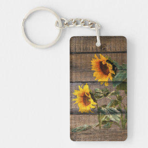 Rustic Barn Wood Sunflower Keychain