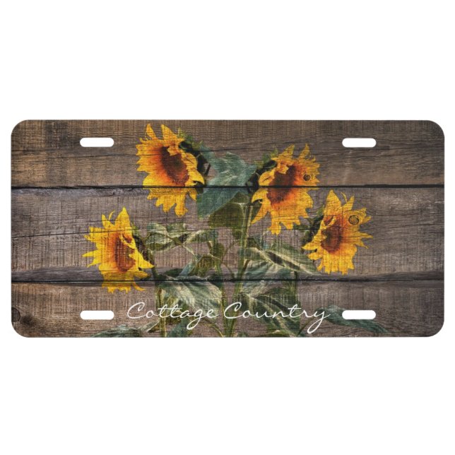 Rustic Barn Wood Sunflower License Plate (Front)