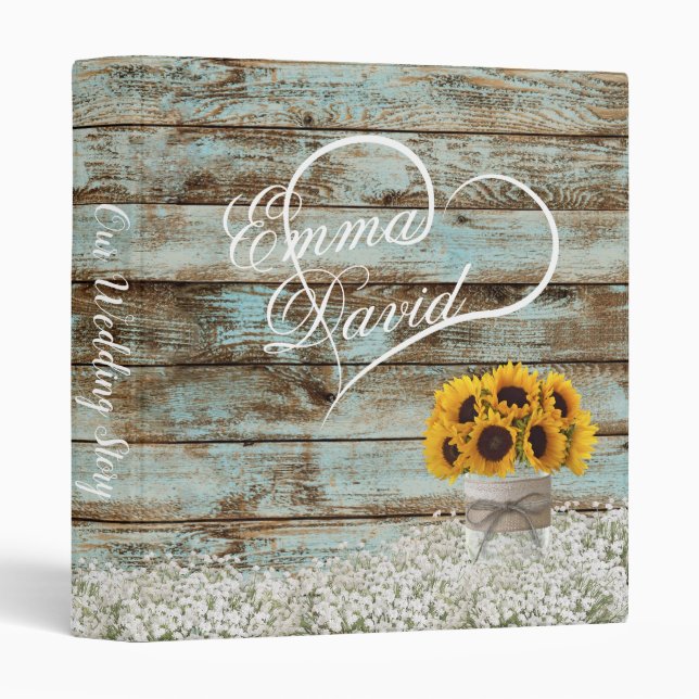 Rustic Barn Wood Sunflower Mason Jar Wedding Album 3 Ring Binder (Front/Spine)