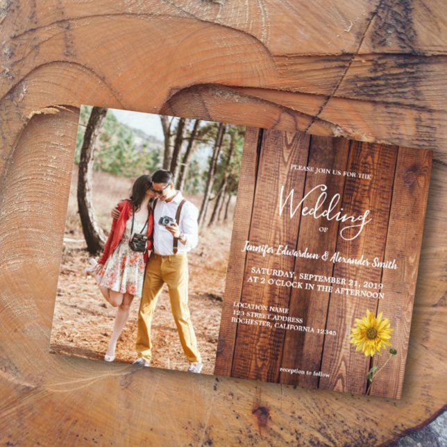 Rustic barn wood sunflower photo country Wedding Invitation