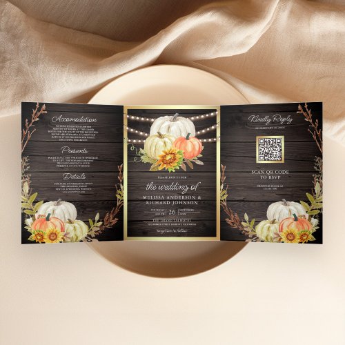 Rustic Barn Wood Sunflower Pumpkin QR Code Wedding Tri_Fold Invitation