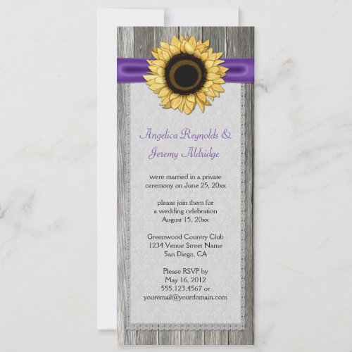 Rustic Barn Wood Sunflower Purple Ribbon Lace Invitation