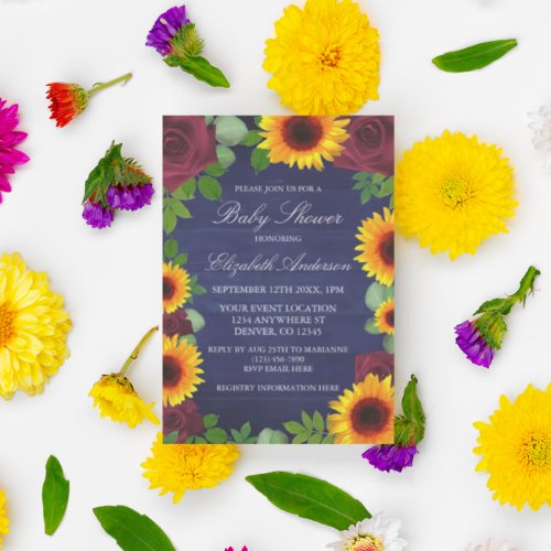 Rustic Barn Wood Sunflower Roses Baby Shower Invitation