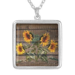 Rustic Barn Wood Sunflower Silver Plated Necklace
