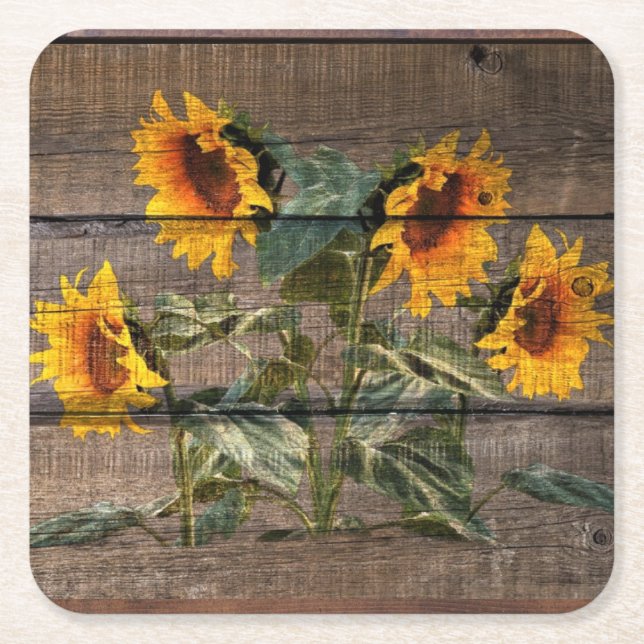 Rustic Barn Wood Sunflower Square Paper Coaster (Front)