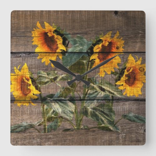 Rustic Barn Wood Sunflower Square Wall Clock