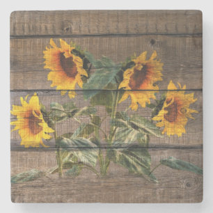 Rustic Barn Wood Sunflower Stone Coaster