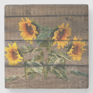 Rustic Barn Wood Sunflower Stone Coaster