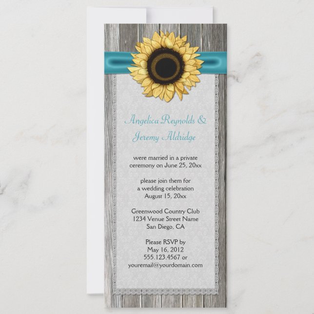 Rustic Barn Wood Sunflower Teal Ribbon Lace Invitation (Front)