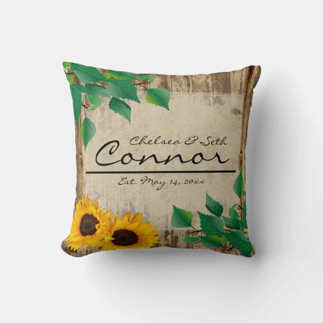 Rustic Barn Wood Sunflower Throw Pillow (Front)
