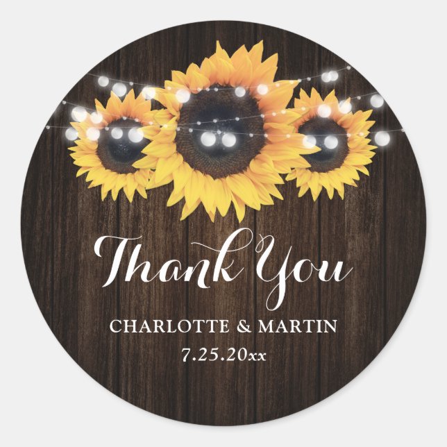 Rustic Barn Wood Sunflower Wedding Favor Classic Round Sticker (Front)