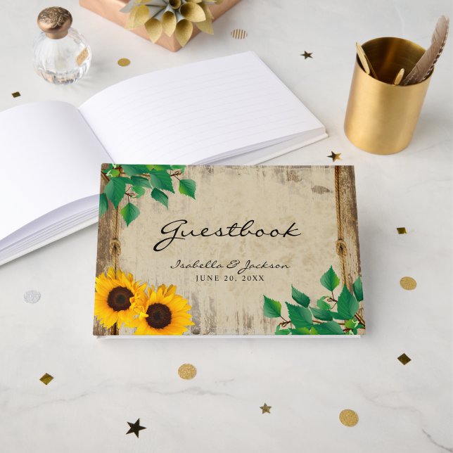 Rustic Barn Wood Sunflower Wedding  Guestbook (Front Open)