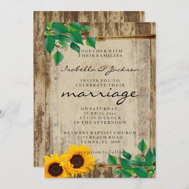 Rustic Barn Wood Sunflower Wedding Invitation (Front/Back)
