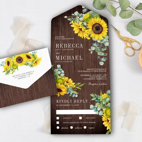 Rustic Barn Wood Sunflowers and Eucalyptus Wedding All In One Invitation