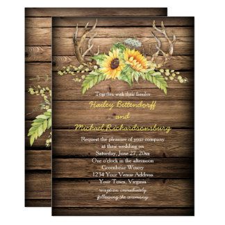 Rustic Barn Wood Sunflowers Antlers Wedding Invitation