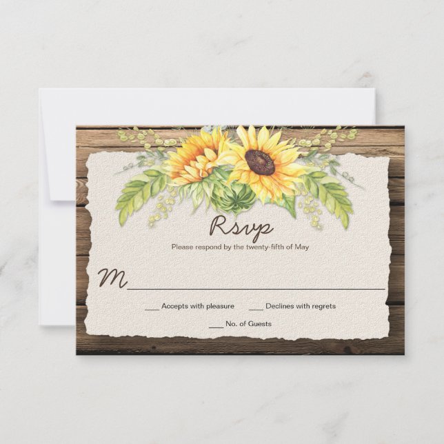 Rustic Barn Wood Sunflowers Deckle Edge RSVP Card (Front)
