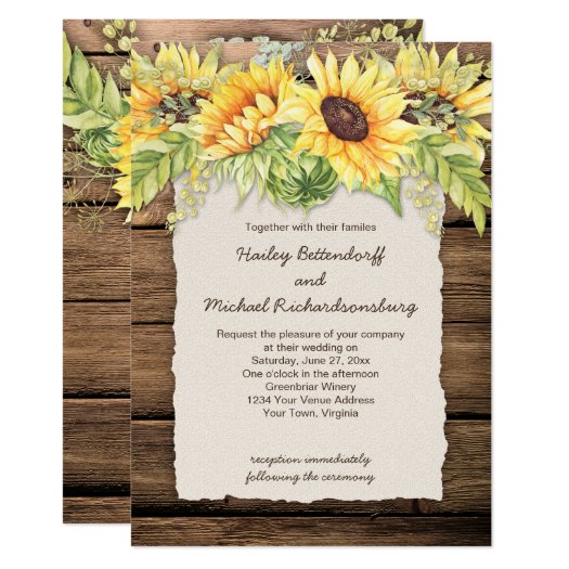 Rustic Barn Wood Sunflowers Deckle Edge Wedding Invitation