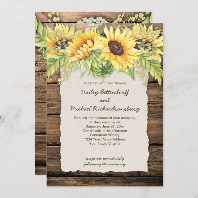 Rustic Barn Wood Sunflowers Deckle Edge Wedding Invitation (Front/Back)