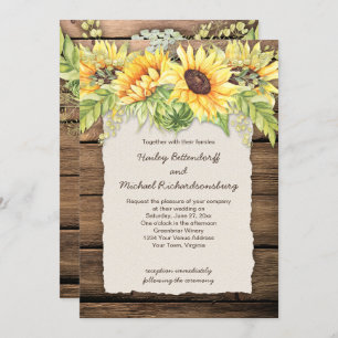 Rustic Barn Wood Sunflowers Deckle Edge Wedding Invitation