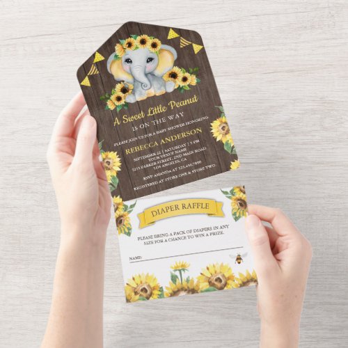 Rustic Barn Wood Sunflowers Elephant Baby Shower All In One Invitation