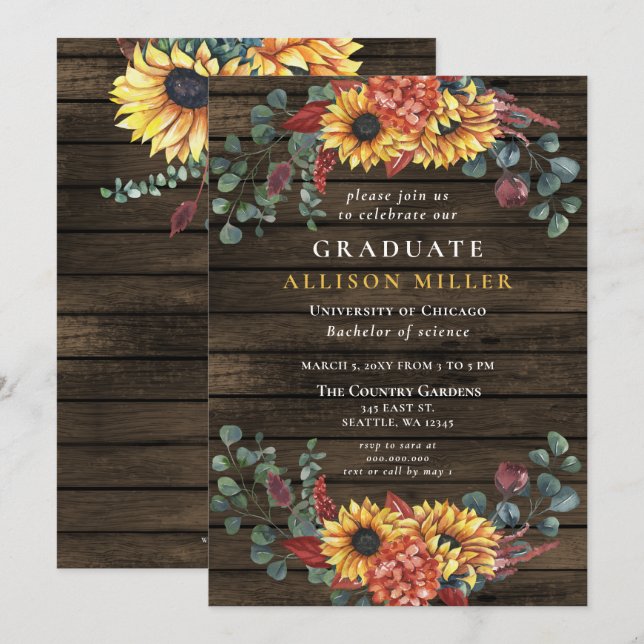 Rustic Barn Wood Sunflowers Graduation Party Invitation (Front/Back)