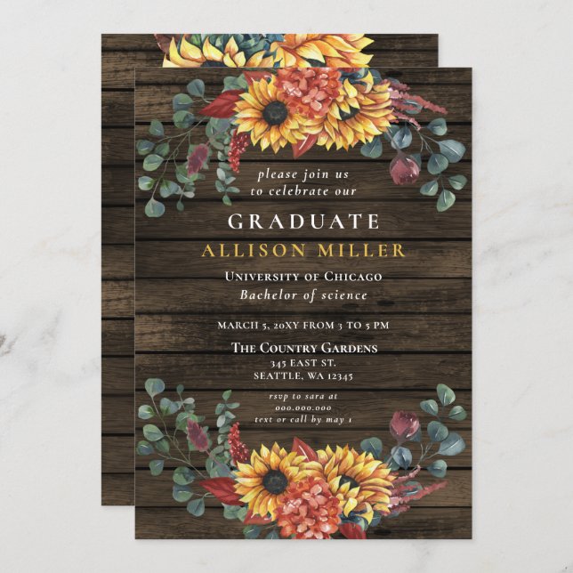 Rustic Barn Wood Sunflowers Graduation Party Invitation (Front/Back)