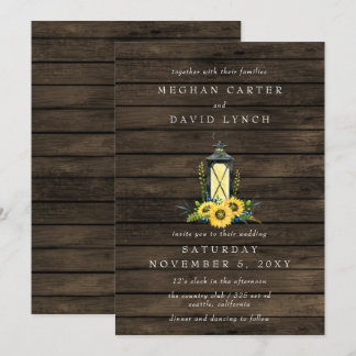 Rustic Barn Wood Sunflowers Lantern Wedding  Invitation