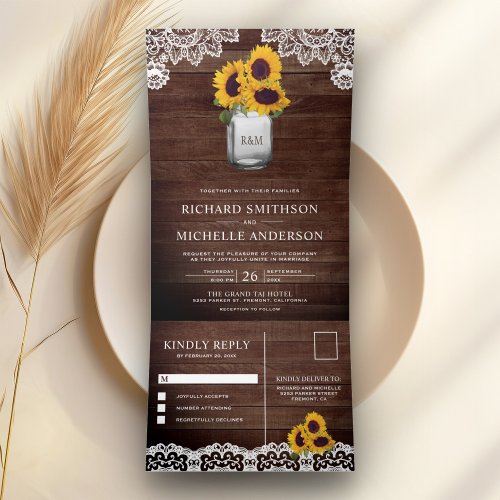 Rustic Barn Wood Sunflowers Mason Jar Lace Wedding Tri_Fold Invitation