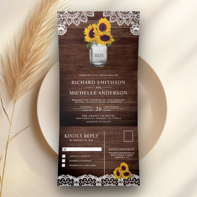 Rustic Barn Wood Sunflowers Mason Jar Lace Wedding Tri-Fold Invitation (Creator Uploaded)