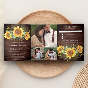 Rustic Barn Wood Sunflowers Photo Collage Wedding Tri-Fold Invitation