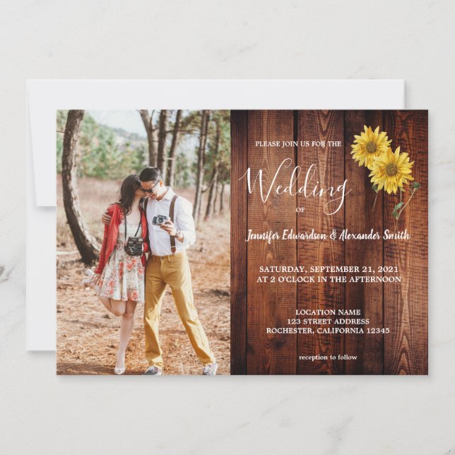 Rustic barn wood sunflowers photo country Wedding Invitation (Front)