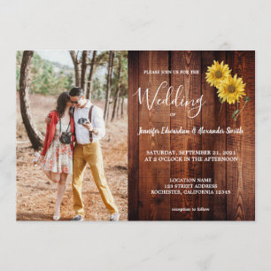 Rustic barn wood sunflowers photo country Wedding Invitation