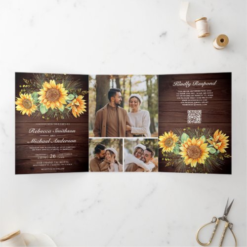 Rustic Barn Wood Sunflowers Photo QR Code Wedding Tri-Fold Invitation