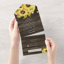 Rustic Barn Wood Sunflowers String Lights Wedding All In One Invitation