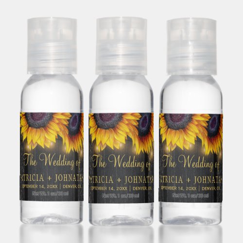 Rustic barn wood sunflowers summer wedding favor hand sanitizer