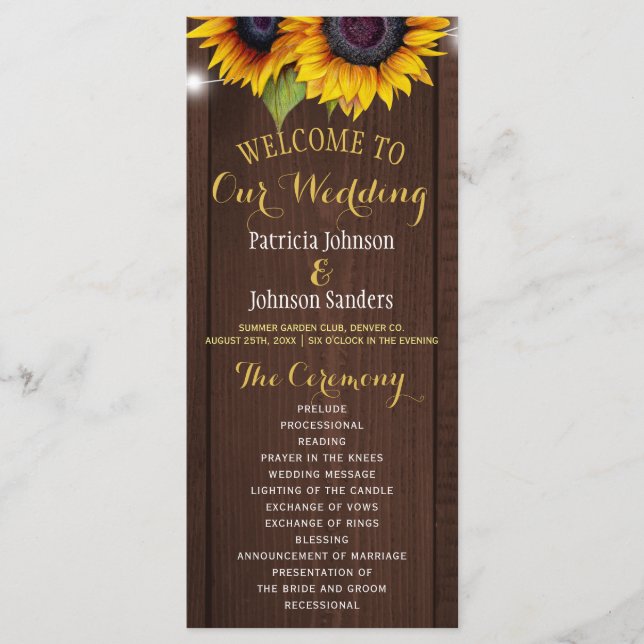 Rustic barn wood sunflowers wedding program (Front)