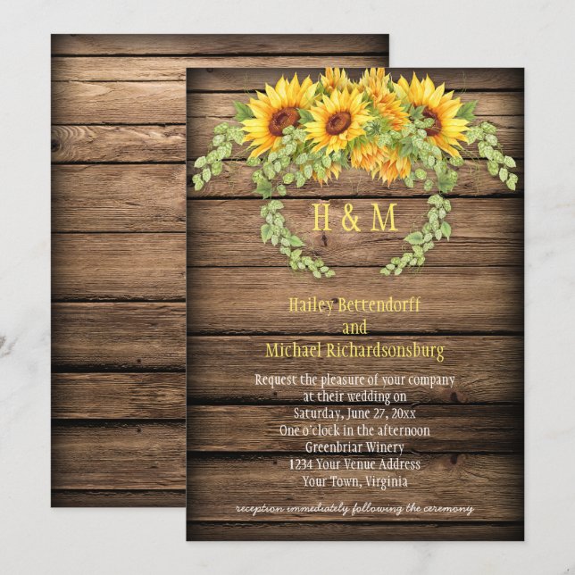 Rustic Barn Wood Sunflowers Wreath Antlers Wedding Invitation (Front/Back)