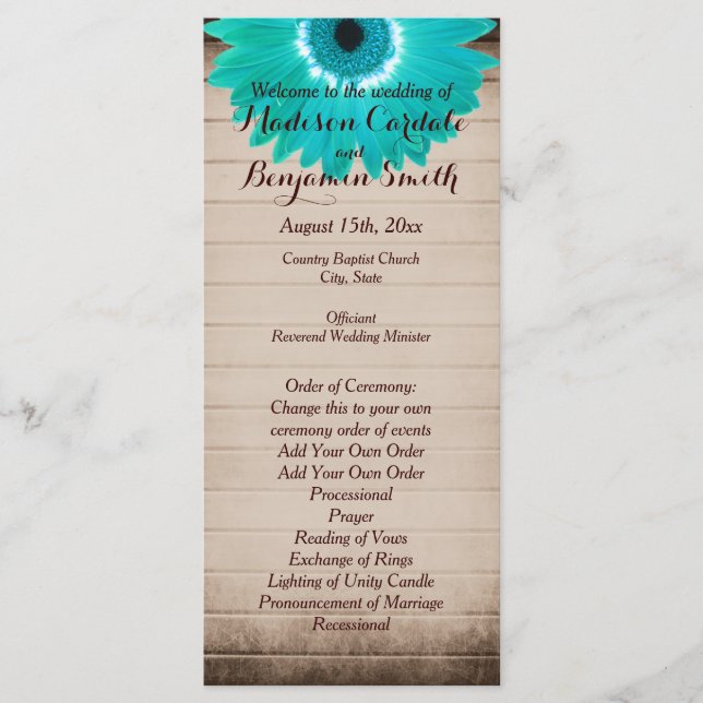 Rustic Barn Wood Teal Daisy Wedding Programs (Front)