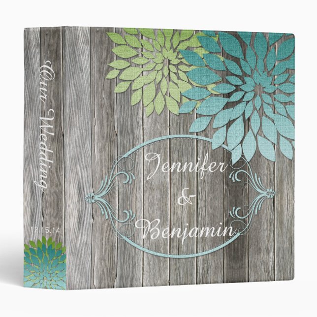 Rustic Barn Wood Teal Green Petals Wedding Album 3 Ring Binder (Front/Spine)