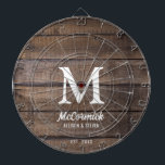 Rustic Barn Wood Texture Family Monogram Dart Board<br><div class="desc">Rustic Barn Wood Texture Family Monogram Dart Board is designed with horizontal dark brown faux barn wood planks. It is monogrammed with large white initial on the center and couple's last name in thick trendy script lettering. First names and established year are on the lower area. Fun game for friends...</div>
